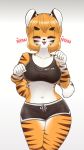  &lt;3 anthro bottomwear bra breasts clothed clothing eyes_closed felid female hi_res jupiter_europe mammal open_mouth pantherine shorts simple_background solo sports_bra stripes text tiger underwear 