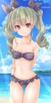  1girl anchovy arm_behind_back arm_grab ass_visible_through_thighs bangs beach bikini black_bikini black_ribbon blue_sky blurry blurry_background closed_mouth cloud cloudy_sky commentary cowboy_shot day depth_of_field drill_hair eyebrows_visible_through_hair frilled_bikini frills girls_und_panzer green_hair hair_ribbon highres long_hair looking_at_viewer navel ocean outdoors red_eyes ribbon sky smile solo sparkle standing strapless strapless_bikini swimsuit thigh_gap twin_drills twintails twitter_username yunagi_(arukumaruta) 