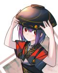  1girl artist_name bowl bowl_hat hat japanese_clothes kky looking_at_viewer purple_hair red_eyes short_hair smile solo sukuna_shinmyoumaru touhou upper_body white_background 