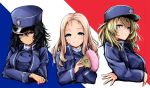  3girls andou_(girls_und_panzer) bangs bc_freedom_(emblem) bc_freedom_military_uniform black_hair blonde_hair blue_eyes blue_headwear blue_jacket blue_vest brown_eyes closed_mouth commentary cropped_torso crossed_arms dark_skin dress_shirt drill_hair emblem fan flag_background folding_fan french_flag girls_und_panzer green_eyes harino646 hat high_collar holding holding_fan jacket kepi long_hair long_sleeves looking_at_viewer marie_(girls_und_panzer) medium_hair messy_hair military military_hat military_uniform multiple_girls oshida_(girls_und_panzer) shirt smile sweater_around_neck uniform vest white_shirt 