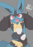  :3 absurd_res ambiguous_gender anthro blue_fur blush canid fur grey_background hi_res lucario mammal nintendo nyaswitchnya open_mouth pok&eacute;mon pok&eacute;mon_(species) red_eyes simple_background solo spikes tongue video_games yellow_fur 