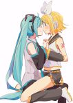  2girls aqua_eyes aqua_hair arm_tattoo bare_shoulders belt black_legwear blonde_hair blush boots bow crop_top detached_sleeves face-to-face hair_bow hair_ornament hair_ribbon hairclip hatsune_miku headphones headset highres imminent_kiss interlocked_fingers kagamine_rin leg_warmers long_hair m0ti midriff multiple_girls necktie nervous no_eyes noses_touching number_tattoo ribbon sailor_collar shirt shorts siblings sitting sitting_on_person sketch skirt sleeveless sleeveless_shirt smile straddling sweatdrop tattoo thigh_boots thighhighs twins twintails upright_straddle very_long_hair vocaloid wavy_mouth yuri 