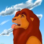  1:1 absurd_res brown_nose cloud disney felid fur greenlion hair hi_res lion male mammal mufasa open_mouth orange_body orange_fur pantherine red_eyes red_hair sky solo the_lion_king tongue tongue_out yellow_sclera 