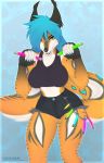  &diams; 2019 5_fingers anthro bangs black_body black_fur black_nose black_tail blue_claws blue_eyes blue_hair blue_nails bottomwear bra breasts button_(fastener) canid canine claws clothed clothing colored_nails cutoffs daisy_dukes denim denim_clothing digital_media_(artwork) ear_piercing ear_tuft eyebrows eyeliner facial_markings female fingerless_gloves fingers flash fox front_view fur gloves glowstick hair handwear head_markings hi_res highlights_(coloring) hotpants interactive lens_flare lisa_rocha long_hair long_tail looking_at_viewer makeup mammal markings nails orange_body orange_fur orange_tail piercing pockets portrait prick_ears rave shiny shorts skimpy smile solo sports_bra standing striped_body striped_fur stripes suit_symbol teeth thick_thighs three-quarter_portrait tuft underwear unistaart wavy_hair white_body white_fur white_tail wide_hips 