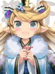  1girl blonde_hair blue_eyes blush bow charlotta_fenia color_73 commentary_request crown eyebrows_visible_through_hair granblue_fantasy hair_bow harvin holding japanese_clothes kimono long_sleeves looking_at_viewer obi pointy_ears sash solo v-shaped_eyebrows 