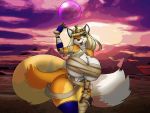  4:3 anthro big_breasts breasts canid canine cleavage clothed clothing dracojeff female fox headdress huge_breasts magic mammal menat_(street_fighter) navel one_eye_closed pyramids solo thick_thighs wide_hips wink 