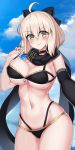  1girl ahoge bare_shoulders bikini black_bikini black_bow black_scarf blonde_hair blush bow breasts cleavage cloud commentary_request day eyebrows_visible_through_hair fate/grand_order fate_(series) hair_between_eyes hair_bow highres looking_at_viewer navel okita_souji_(fate)_(all) okita_souji_(swimsuit_assassin)_(fate) outdoors qin scarf short_hair smile solo swimsuit yellow_eyes 