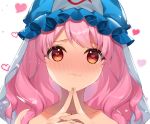  1girl :3 bangs bare_shoulders blue_headwear blush collarbone commentary_request eyebrows_visible_through_hair fingers_together hat heart heart-shaped_pupils long_hair looking_at_viewer mob_cap nose_blush own_hands_together petals pink_hair portrait red_eyes roh_nam_kyung saigyouji_yuyuko simple_background smile solo symbol-shaped_pupils touhou triangular_headpiece veil white_background 