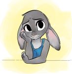  abstract_background anthro arm_support clothed clothing dipstick_ears disney ears_down female front_view fur glacierclear grey_body grey_fur head_tuft hi_res inner_ear_fluff judy_hopps lagomorph leaning_on_elbow leporid looking_at_viewer mammal multicolored_ears no_pupils pink_nose pivoted_ears rabbit shirt simple_background smile solo tank_top topwear yellow_background zootopia 