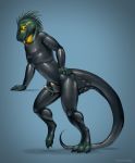  3_toes 5_fingers anthro biped claws clothing digitigrade extreme-ember feces fingers forked_tongue fur hair hi_res humanoid_hands leaning lizard reptile rubber rubber_suit scalie scat simple_background soiling standing tenting toes tongue tongue_out 