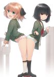  2girls absurdres ass ass-to-ass bangs black_hair black_legwear black_ribbon blunt_bangs blush brown_hair eyebrows_visible_through_hair full_body fur-trimmed_sleeves fur_trim green_jacket green_sailor_collar green_skirt hachijou_(kantai_collection) hair_ribbon highres ishigaki_(kantai_collection) jacket kantai_collection leaning_forward long_sleeves multiple_girls open_mouth panties pleated_skirt red_neckwear ribbon sailor_collar school_uniform short_hair skirt skirt_lift smile socks standing striped striped_panties underwear wamu_(chartreuse) white_legwear 