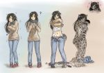  ? anthro bakaneko bite blue_eyes bottomwear clothed clothing felid female fully_clothed fur green_eyes human human_to_anthro mammal navel nude pantherine panties pants scarf sequence shaking shivering smile snow_leopard solo species_transformation spots spotted_fur sweater tail_bite tail_hug topwear transformation underwear undressing whiskers young 