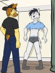  anthro briefs canid canine canis clothed clothing crop_top duo embarrassed fully_clothed fuze fuzeyeen hi_res hyaenid male mammal midriff navel shirt spotted_hyena topwear underwear wolf 