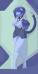  2019 alphax10 anthro blue_hair breasts cobalt_(alphax10) cybernetics cyborg digitigrade domestic_cat felid feline felis female hair hand_on_head hi_res looking_at_viewer machine mammal navel rubber smile solo standing visor yellow_eyes 