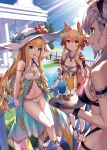  3girls :d akanagi_youto arm_support arm_up azur_lane bangs bare_legs bare_shoulders belfast_(azur_lane) bikini black_bikini blonde_hair blue_bow blue_eyes blue_sky bow braid breasts building cherry cleavage cloud column commentary_request cup day drinking_glass drinking_straw eyebrows_visible_through_hair fang feet_out_of_frame flower food french_braid fruit hair_between_eyes hair_ribbon hairband hand_on_headwear hat hat_bow hat_flower hibiscus highres holding holding_tray large_breasts light_rays long_hair looking_at_another multiple_girls navel open_mouth outdoors pillar pointy_hair pool portrait profile queen_elizabeth_(azur_lane) railing red_flower red_ribbon ribbon sandals silver_hair sky small_breasts smile standing stomach sun_hat swimsuit table thighs tray tree umbrella warspite_(azur_lane) white_bikini white_headwear window wristband yellow_flower 