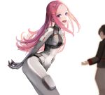  1boy 1girl :d anemone_(eureka_seven) blurry blurry_background bodysuit breasts eureka_seven eureka_seven_(series) hair_ornament hairclip long_hair long_sleeves looking_at_viewer medium_breasts open_mouth pink_hair purple_eyes simple_background smile sunga2usagi very_long_hair 