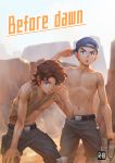  2boys absurdres backwards_hat beitemian belt blue_eyes brown_eyes day english_text gundam gundam_tekketsu_no_orphans hat highres male_focus multiple_boys nipples outdoors pants shirtless sweat tank_top 