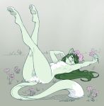  2019 anthro breasts caninelove domestic_cat dreamkeepers felid feline felis female flower flower_in_hair fur green_fur green_hair green_nipples hair lilith_calah mammal nipples nude plant pussy solo 