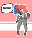  animate_inanimate anthro blue_hair camel_toe canid clothed clothing driverbunny37 female hair hi_res mammal nintendo nintendo_switch red_hair smile solo switch_dog video_games 