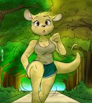  3_toes anthro barefoot bodily_fluids breasts cleavage clothed clothing feet female hi_res joaoppereiraus jogging kangaroo macropod mammal marsupial solo sweat toes tree 