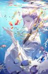  1boy absurdres air_bubble ao_bing blurry_foreground bubble byuey chinese_clothes clownfish day fish highres horns lavender_hair long_hair male_focus ne_zha_(2019_movie) outdoors pointy_ears purple_eyes school_of_fish sidelocks solo sunlight tropical_fish underwater wide_sleeves 