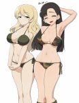  2girls alternate_hairstyle arm_behind_back arm_behind_head arm_up armpits asymmetrical_bangs bangs bikini black_bikini black_footwear blonde_hair blue_eyes blush boots breasts brown_eyes brown_hair camouflage camouflage_bikini closed_eyes closed_mouth commentary darjeeling eyebrows_visible_through_hair girls_und_panzer glaring green_bikini groin hair_down half-closed_eyes hands_together highres interlocked_fingers knee_boots legs long_hair looking_at_viewer medium_breasts multiple_girls navel nishi_kinuyo open_mouth side-tie_bikini simple_background skindentation smile standing swimsuit translated wata_do_chinkuru white_background 