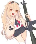  1girl assault_rifle bangs black_shorts cat_hair_ornament commentary girls_frontline gun hair_ornament headband holding holding_gun holding_weapon hood hood_down juz light_brown_hair long_hair looking_at_viewer open_mouth orange_eyes rifle shirt shorts sidelocks simple_background solo sweater t65_(girls_frontline) t65_assault_rifle weapon white_background white_legwear white_shirt 