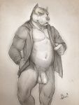  5_fingers anthro belly canid canine canis clothed clothing domestic_dog fangs fingers flaccid greyscale humanoid_penis jacket lion21 male mammal monochrome mostly_nude muscular muscular_male partially_clothed penis pit_bull pubes scar simple_background slightly_chubby solo thick_thighs topwear uncut 