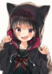  1girl :d animal_ears animal_hood bangs black_hair black_jacket black_sailor_collar black_shirt blush brown_neckwear cat_ears cat_hood claw_pose commentary_request drawstring eyebrows_visible_through_hair fang fingernails grey_background hands_up hood hood_up hooded_jacket jacket long_hair long_sleeves looking_at_viewer midorikawa_you neckerchief open_clothes open_jacket open_mouth original red_eyes sailor_collar school_uniform serafuku shirt simple_background sleeves_past_wrists smile solo upper_body 