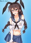  1girl alternate_costume animal_ears anti_(untea9) blue_background blue_eyes blue_skirt blush braid breasts brown_hair buttons cleavage collarbone cosplay elbow_gloves fake_animal_ears gloves gradient gradient_background hair_between_eyes hand_on_own_arm highres kantai_collection large_breasts long_hair looking_at_viewer midriff navel noshiro_(kantai_collection) open_mouth sailor_collar shimakaze_(kantai_collection) shimakaze_(kantai_collection)_(cosplay) skirt solo thong twin_braids twitter_username upper_body white_gloves 
