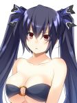  &gt;:( 1girl bandeau bangs bare_arms bare_shoulders bikini black_hair blue_ribbon breasts cleavage collarbone commentary_request doria_(5073726) eyebrows_visible_through_hair hair_between_eyes hair_ribbon large_breasts looking_at_viewer neptune_(series) noire o-ring o-ring_top red_eyes ribbon sidelocks simple_background solo strapless strapless_bikini swimsuit twintails upper_body white_background 