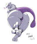  2019 absurd_res anthro big_butt butt english_text felid feline female hi_res legendary_pok&eacute;mon looking_at_viewer looking_back mammal mewtwo nintendo nude pok&eacute;mon pok&eacute;mon_(species) pussy rear_view redfred simple_background solo standing text thick_thighs video_games white_background 