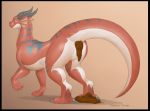  3_toes anus claws dragon extreme-ember feces female feral horn pooping rear_view scalie scat signature simple_background solo standing toe_claws toes 