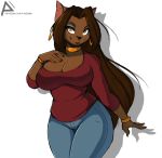  absurd_res anthro big_breasts breasts clothed clothing ear_piercing ear_ring eyeshadow faizenek felid female hair hi_res long_hair makeup mammal piercing simple_background smile solo thick_thighs white_background 