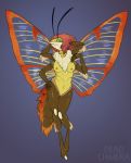  antennae_(anatomy) anthro arthropod arthropod_abdomen breasts dead_chimera digitigrade featureless_crotch female fur gradient_background green_eyes hair hand_on_hip hands_behind_head hi_res insect insect_wings lepidopteran moth multi_arm multi_limb neck_tuft nude red_hair simple_background solo tuft wings 