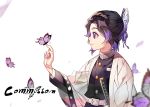  1girl bangs belt black_hair bug butterfly butterfly_hair_ornament commentary_request commission from_side hair_ornament haori insect japanese_clothes katana kimetsu_no_yaiba kochou_shinobu long_sleeves parted_bangs purple_butterfly purple_eyes purple_hair sal short_hair smile solo sword uniform weapon white_belt 