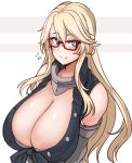  1girl beige_background bespectacled blonde_hair blue_eyes blush breasts closed_mouth commentary_request elbow_gloves front-tie_top glasses gloves hair_between_eyes highres huge_breasts iowa_(kantai_collection) kantai_collection red-framed_eyewear ryuun_(stiil) sidelocks sleeveless smile solo upper_body 