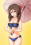  1girl alternate_costume anti_(untea9) bikini blue_bikini blush bow breasts brown_hair cleavage drill_hair eyebrows_visible_through_hair gradient gradient_background hair_between_eyes hair_bow harukaze_(kantai_collection) highres holding holding_umbrella johnston_(kantai_collection) kantai_collection large_breasts long_hair looking_at_viewer navel open_mouth pink_umbrella red_bow red_eyes smile solo swimsuit thighs twin_drills umbrella yellow_background 