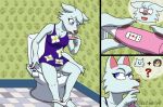  animal_crossing anthro arctic_wolf blue_eyes blush breasts caluriri canid canine canis clothing detailed_background dress female flushing fur mammal nintendo panties panties_down pregnancy_test purple_clothing purple_dress pussy shocked solo thinking toilet underwear video_games white_body white_fur whitney_(animal_crossing) wolf 