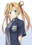  1girl 3: abukuma_(kantai_collection) arms_behind_back bangs blonde_hair blue_eyes blue_shirt blush breast_pocket breasts closed_mouth collared_shirt double_bun employee_uniform hair_rings highres kantai_collection lawson long_hair name_tag negahami pocket shirt short_sleeves simple_background solo striped striped_shirt uniform upper_body vertical-striped_shirt vertical_stripes 