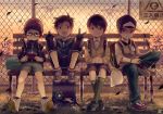  4boys backpack bag baseball_cap black_hair brown_hair cardigan collared_shirt dusk fang full_body glasses gloves hat jacket kneehighs loafers looking_at_viewer male_focus multiple_boys noeyebrow_(mauve) original outdoors randoseru science_fiction shirt shoes shorts sneakers socks sunset v white_shirt 