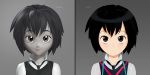  1girl 3d 3d_(artwork) before_and_after behind_the_scenes black_and_white black_hair blush brown_hair character_design cute eyebrows eyelashes female female_focus hair highres japanese marvel official_art peni_parker school_uniform side-by-side smile solo solo_focus spider-man:_into_the_spider-verse spider-man_(series) 