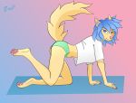  5_fingers anthro blue_eyes blue_hair butt canid canine canis clothed clothing colored_nails cute_fangs domestic_dog female fingers fluffy fluffy_tail fur hair inner_ear_fluff long_tail looking_at_viewer mammal nails navel painted pink_nose short_hair solo tan_body tan_fur underwear zowslli 