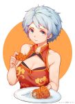  1girl absurdres artist_name blue_eyes breasts china_dress chinese_clothes cleavage dress eating food food_on_face highres holding holding_plate knife ling_long:_incarnation looking_at_viewer luojiwei medium_breasts mid-autumn_festival mooncake orange_background plate ran_bing red_dress short_hair silver_hair solo upper_body zhongqiu_jie 