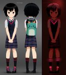  1girl backpack black_hair blush brown_eyes character_design clasped_hands cute dark_lighting eyebrows eyelashes female female_focus glow_in_the_dark glowing_clothing hair highres japanese marvel official_art peni_parker school_uniform shoes skirt smile socks solo solo_focus spider-man:_into_the_spider-verse spider-man_(series) text turnaround 