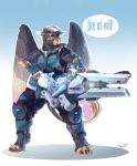  2018 5_fingers anthro armor avian beak blizzard_entertainment clothed clothing cosplay digital_media_(artwork) eringia feather_hair feathered_wings feathers female fingers gradient_background grey_body grey_feathers gryphon gun hair hi_res holding_object holding_weapon humanoid_hands multicolored_body multicolored_feathers multicolored_hair muscular muscular_female overwatch paws pose pseudo_hair ranged_weapon russian_text shadow simple_background solo sosya142 standing tattoo text video_games weapon wings zarya_(overwatch) 