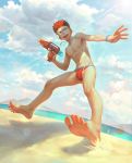  1boy absurdres barefoot beach beitemian blue_eyes bulge chinese_commentary day feet full_body highres male_focus male_swimwear orange_hair original outdoors sand sanpaku shade shota swim_briefs swimwear water_gun 