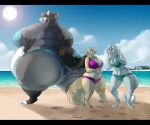  2017 4_toes alicia_(biglovealicia) anthro beach belly big_belly big_breasts biglovealicia bikini black_body black_fur black_hair black_lips black_nose blue_eyes bottomwear breasts canid canine canis clothed clothing cloud curves detailed_background digital_media_(artwork) english_text female fennec fingers fox fur group hair huge_breasts hyper hyper_belly lips mammal obese obese_female outside overweight overweight_female partially_clothed seaside standing sun swimwear text toes topwear weight_gain white_body white_fur wide_hips wolf 