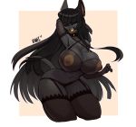  2019 abs anthro anubian_jackal areola big_breasts black_body black_fur black_hair bra breasts canid canine canis clothed clothing ear_piercing fur garter_belt garter_straps hair hi_res huge_breasts jackal kanel legwear looking_at_viewer mammal navel navel_piercing nipples panties piercing rhaja_aaruna solo stockings thigh_highs translucent translucent_clothing underwear 