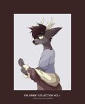  2017 anthro antlers cervid cervine clothed clothing digital_media_(artwork) fashion hair hi_res horn looking_at_viewer male mammal mynameiscomic roper_biscotti simple_background solo standing text topwear 